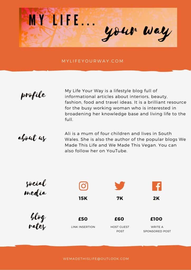 My Life Your Way blog promotional poster including profile, about us, social media followers, blog rates, and contact information.