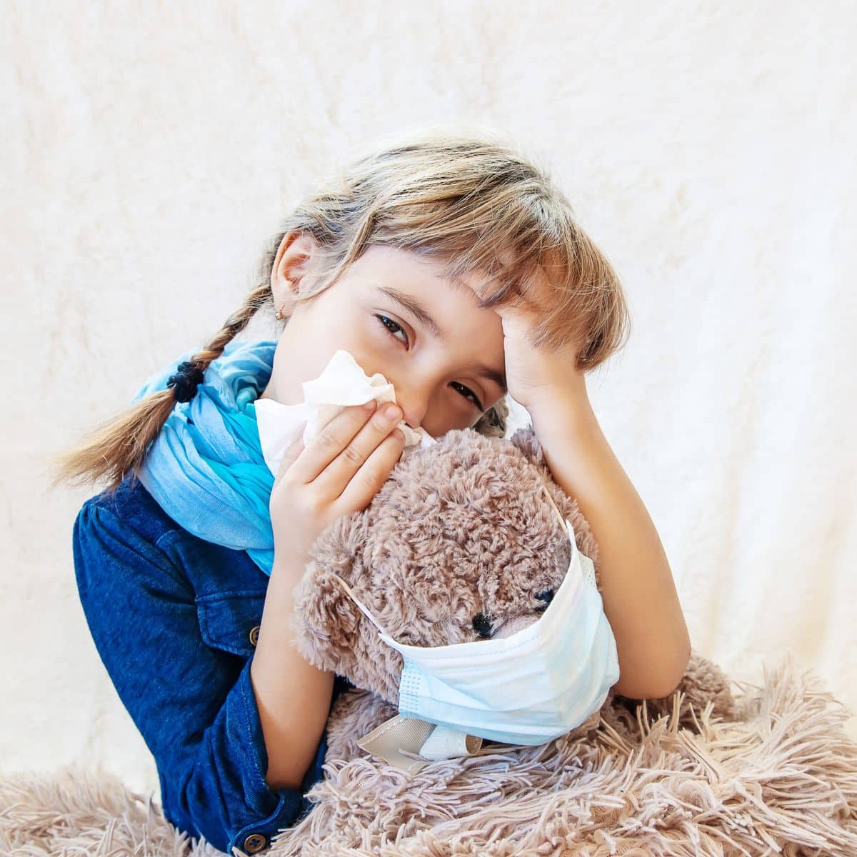 Child holding a tissue to her nose, wearing a blue scarf, sitting with a teddy bear that has a mask on.