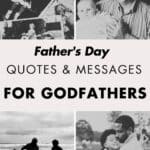 Collage with images of fathers and children in various settings. Text reads "Happy Father's Day Quotes & Messages for Godfathers.