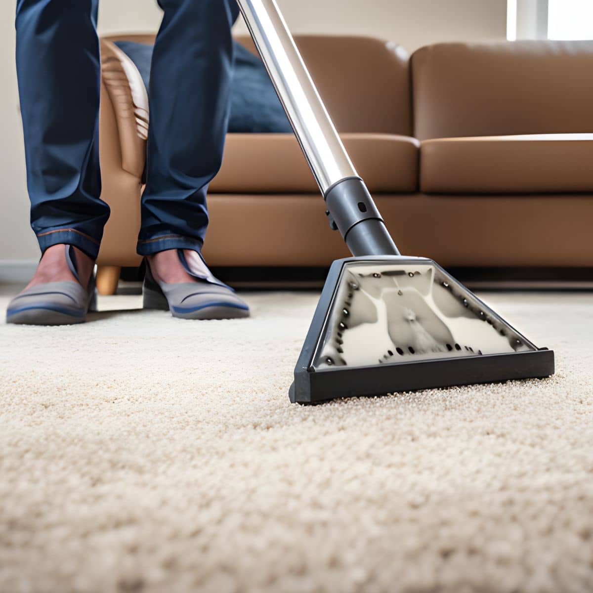 A person in slippers uses a carpet cleaning machine on a light-colored carpet in a living room with a brown sofa.