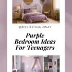 Two purple-themed teenage bedrooms; one features a white canopy bed and wicker chair, the other has a modern design with shelves, a desk, and heart decorations. Text: "Purple Bedroom Ideas For Teenagers.