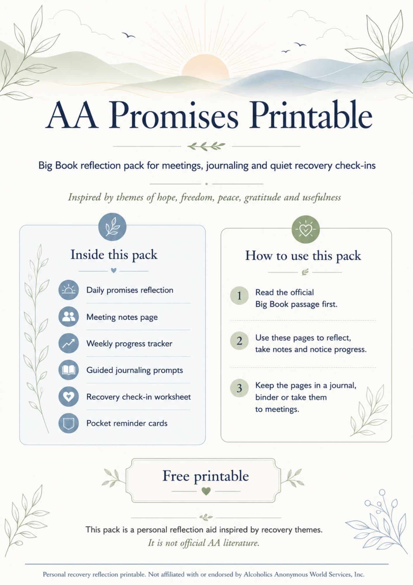 AA Promises Printable flyer detailing contents of a reflection pack and instructions for use, themed around hope, freedom, and peace, with nature-inspired decorative elements.