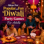 Five adults in festive Indian attire play cards and laugh around a decorated table, with a Diwali party games banner in the background.