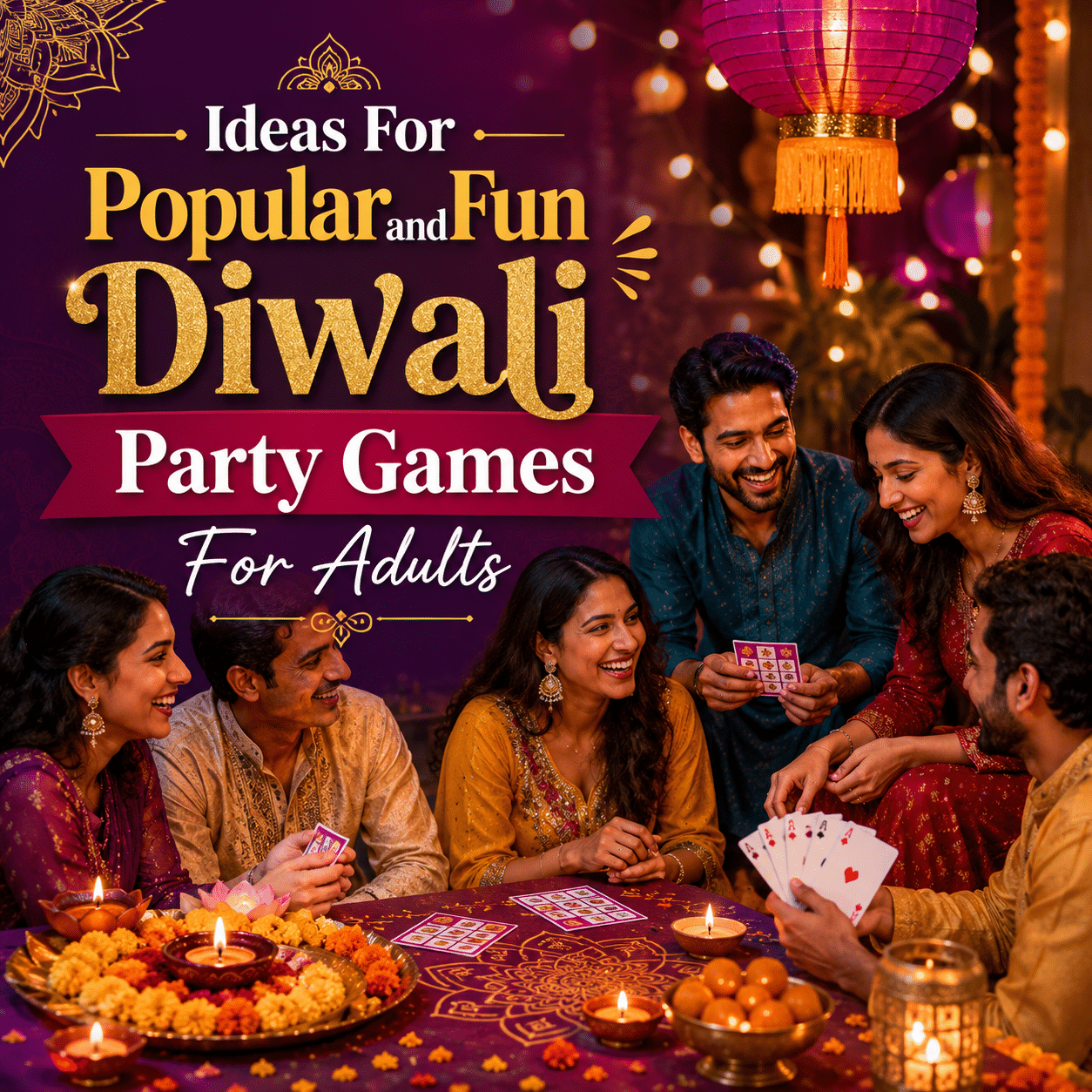 Five adults in festive Indian attire play cards and laugh around a decorated table, with a Diwali party games banner in the background.