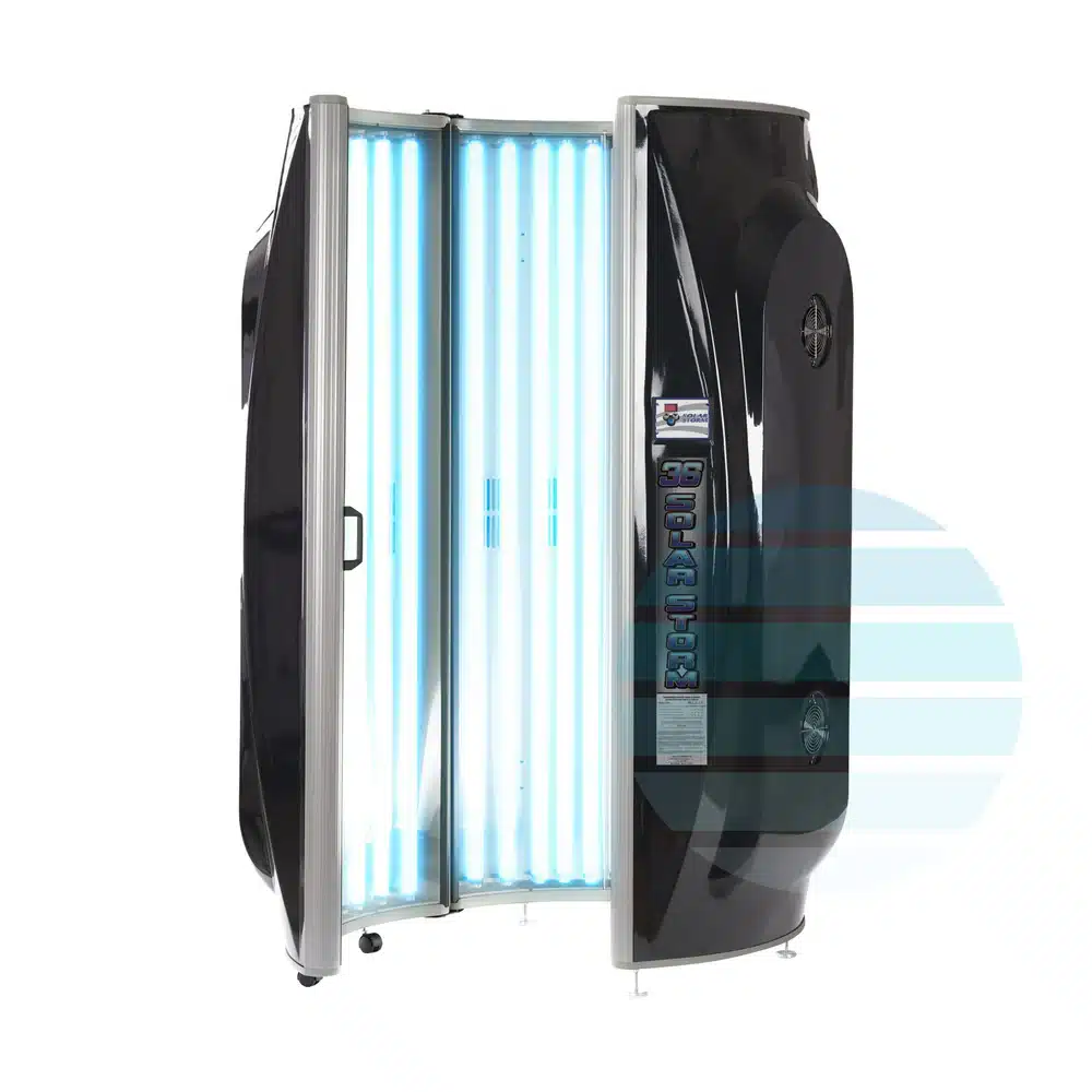 Best Home Tanning Beds For Indoor Use 20 A vertical tanning booth with the door open, showing upright blue UV light tubes inside a black and silver frame.
