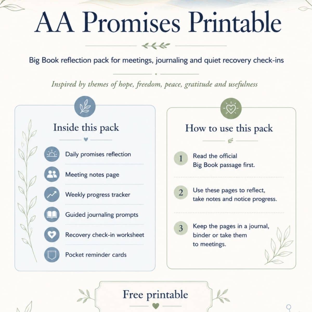 AA Promises Printable flyer listing contents of a reflection pack and instructions for use, with decorative plant illustrations and a "Free printable" label at the bottom.