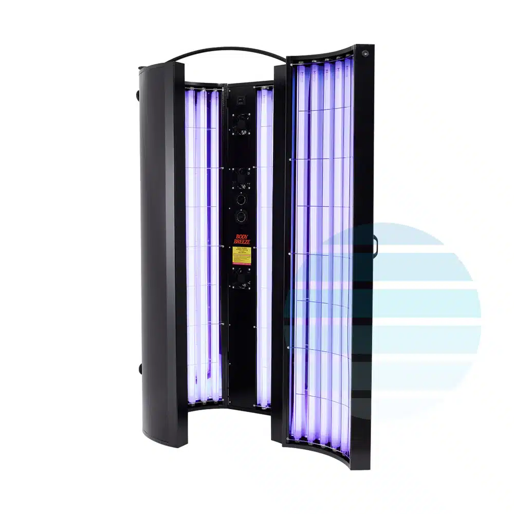 Best Home Tanning Beds For Indoor Use 19 A standing black phototherapy light unit with multiple vertical UV light tubes arranged inside two open doors.